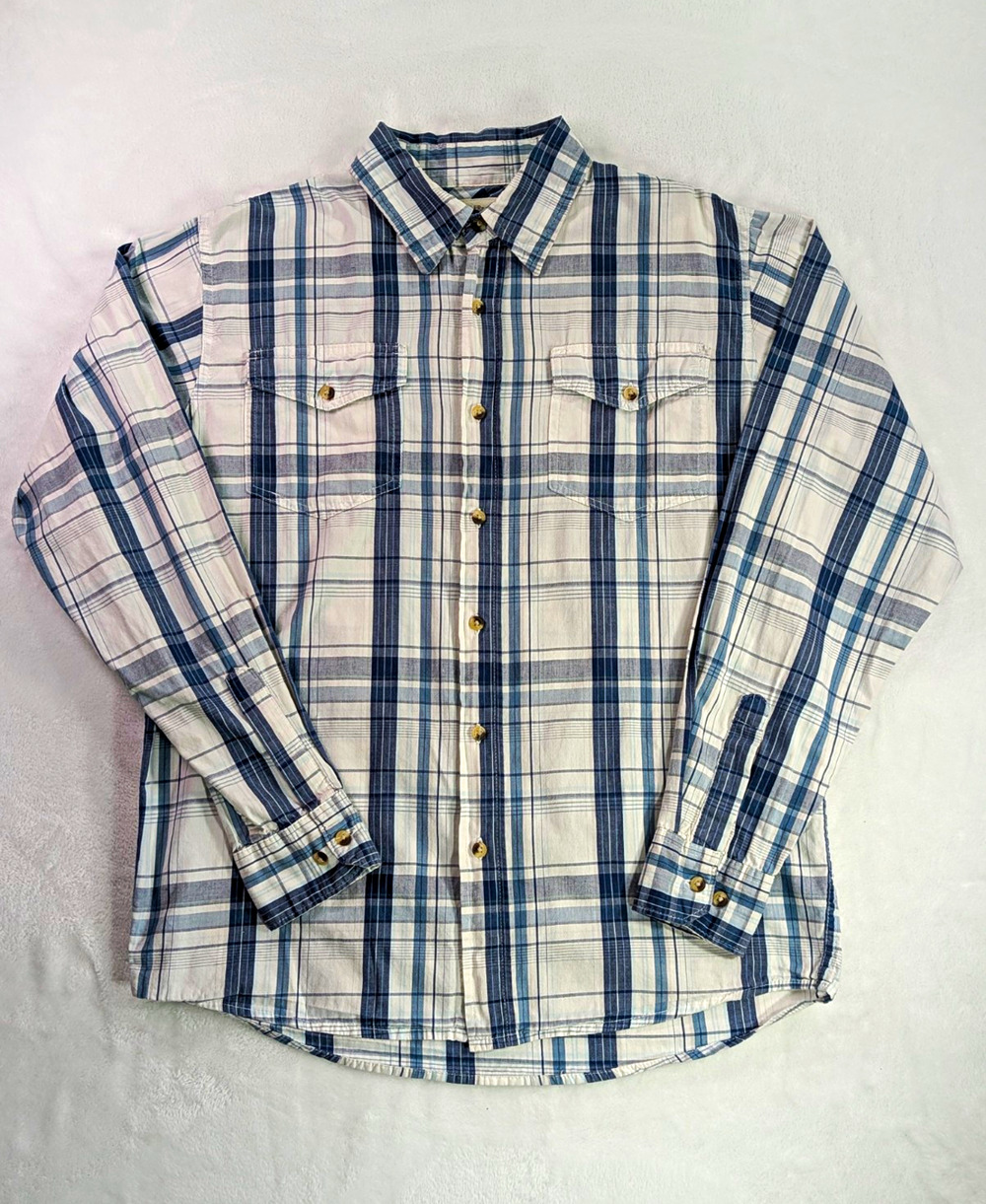 Wrangler Mens Plaid Button Down Shirt Medium Blue Cream Long Sleeve Pockets